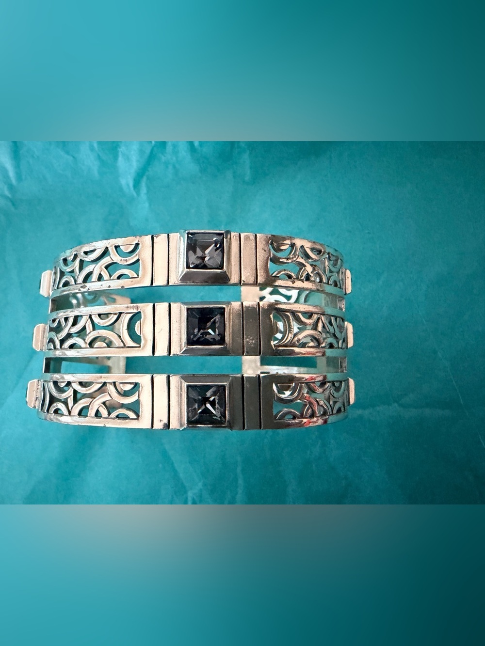 Brighton Silver Filigree Cuff Bracelet with Slate Color Stones